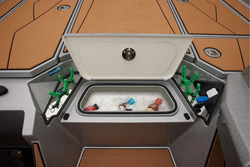 Slide: The Image of Manufacturer Provided Image: 2026 Ranger Z520R Ultra boat cooler with ice and drinks, featuring tan deck design. - 31