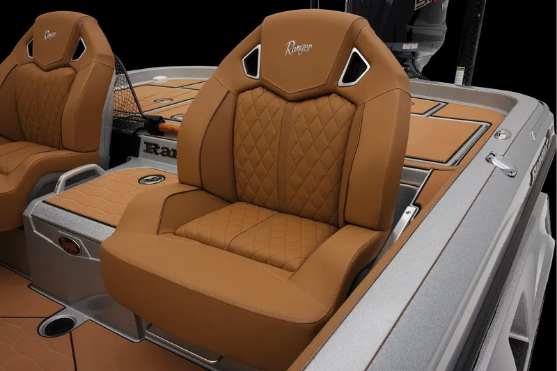 Slide: The Image of Manufacturer Provided Image: 2026 Ranger Z520R Ultra boat seats with luxurious brown leather upholstery and diamond stitching. - 46