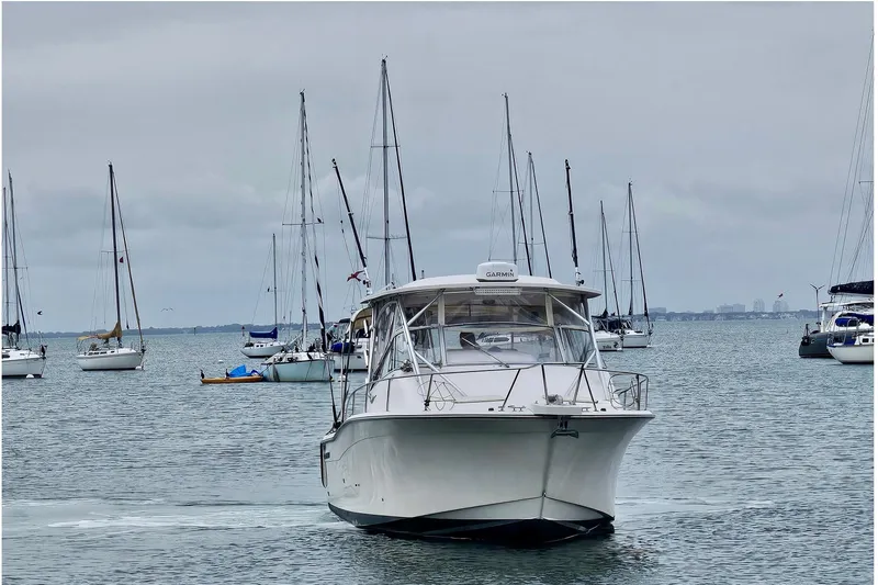 Slide: The Image of 2006 Grady-White Express 330 boat navigating a calm harbor with sailboats in the background. - 10