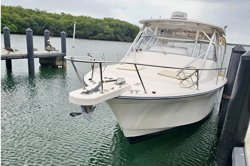 Slide: The Image of 2006 Grady-White Express 330 boat docked in serene waters with pelicans nearby. - 17