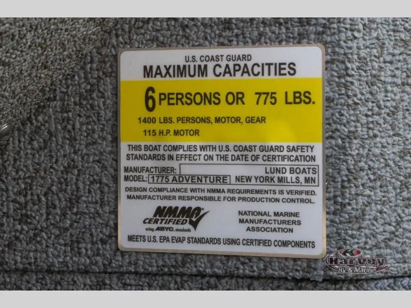 Slide: The Image of US Coast Guard capacity label for Adventure 1775 Sport boat, 2026 model. - 14