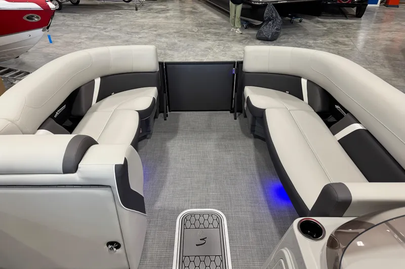 Slide: The Image of Interior of 2026 Sylvan Mirage X X5 pontoon boat with luxurious seating and modern design. - 10