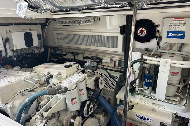 Slide: The Image of Engine room of a 2017 Viking 37 Billfish boat, showcasing mechanical components. - 26