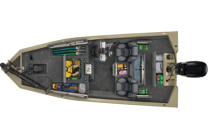 Slide: The Image of 2026 Tracker Pro Team 175 boat interior with cushioned seating and carpeted flooring. - 10