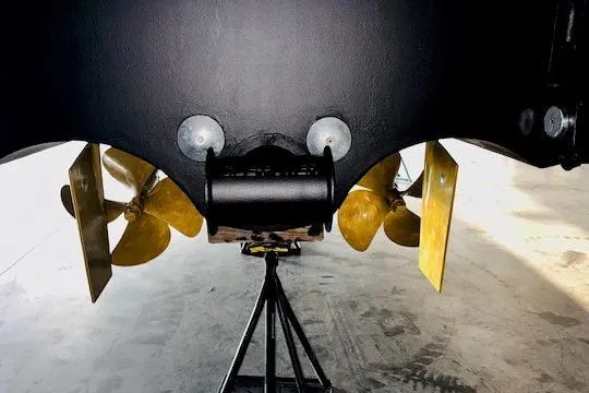 Slide: The Image of 2022 Greenline 45 Fly yacht propellers and rudders in dry dock. - 17