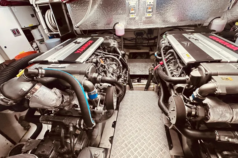 Slide: The Image of Engine room of 2022 Greenline 45 Fly yacht with dual Yanmar engines. - 18
