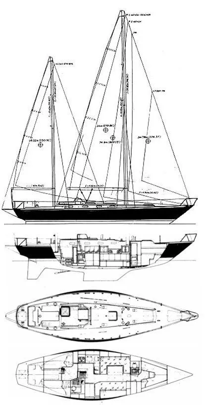 Slide: The Image of Sail plan and layout of the 1984 Frers F&C 44 sailboat. - 1