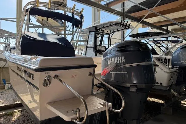 Slide: The Image of 2000 Grady-White Seafarer 22 boat with Yamaha outboard motor in storage. - 8