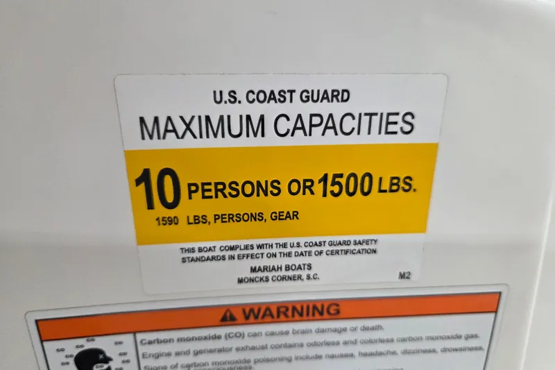 Slide: The Image of U.S. Coast Guard capacity label for Mariah SX19, 2007, max 10 persons or 1500 lbs. - 11