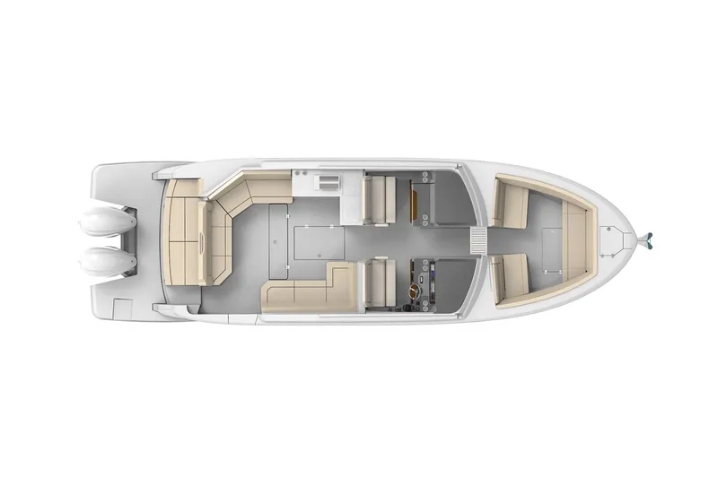 Slide: The Image of Manufacturer Provided Image: Top view of 2026 Regal LX36 boat layout with seating and dual engines. - 12