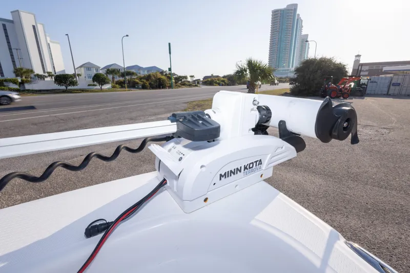 Slide: The Image of 2021 Blue Wave 2600 PureBay with Minn Kota Terrova motor, urban background. - 24