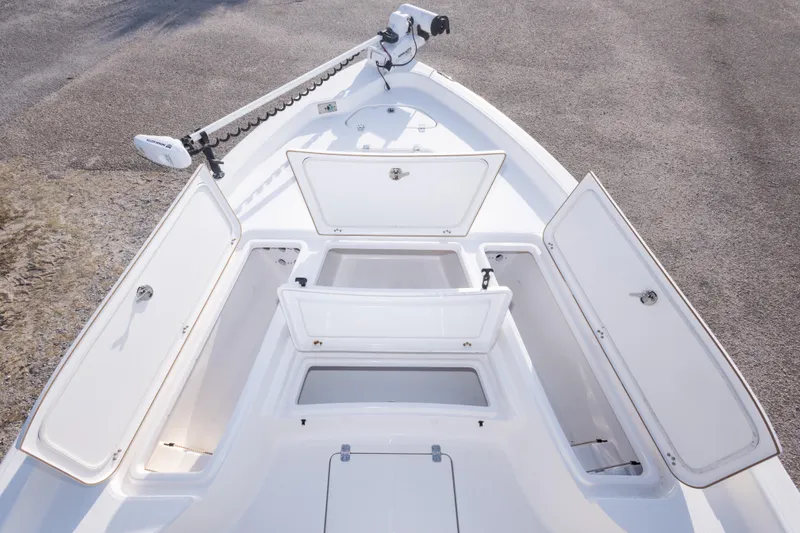 Slide: The Image of 2021 Blue Wave 2600 PureBay boat with open storage compartments on deck. - 28