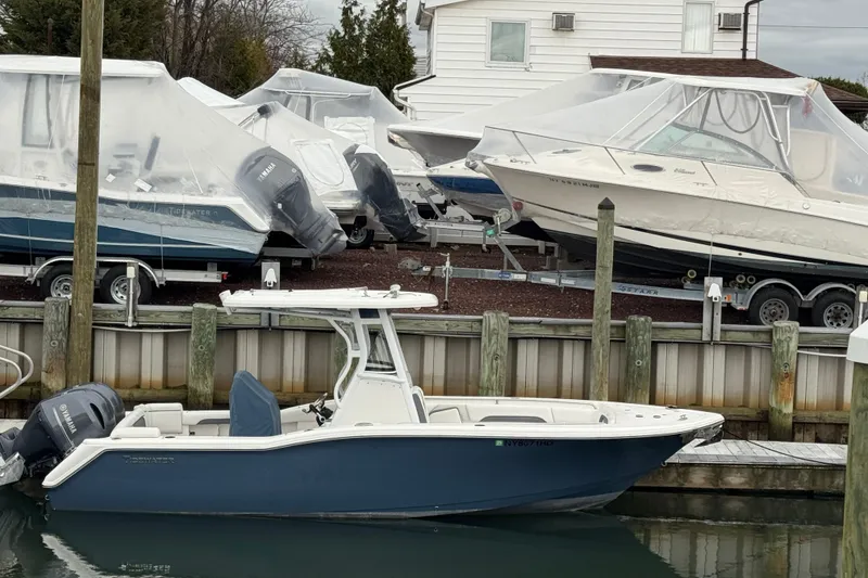 The Image of 2018 Tidewater 252 LXF boat docked, surrounded by covered boats in a marina. - 1