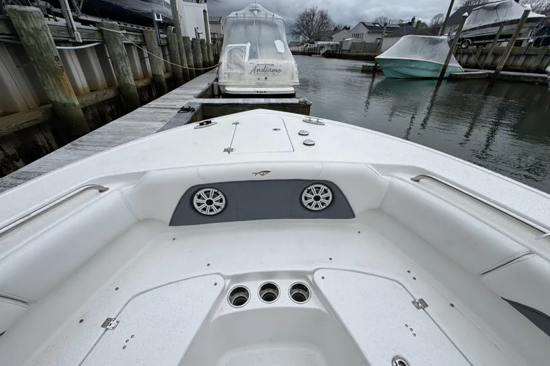 Slide: The Image of 2018 Tidewater 252 LXF boat docked, showcasing spacious seating and sleek design. - 15