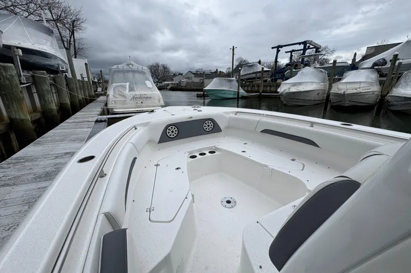 Slide: The Image of 2018 Tidewater 252 LXF boat docked, showcasing spacious seating and sleek design under cloudy skies. - 9