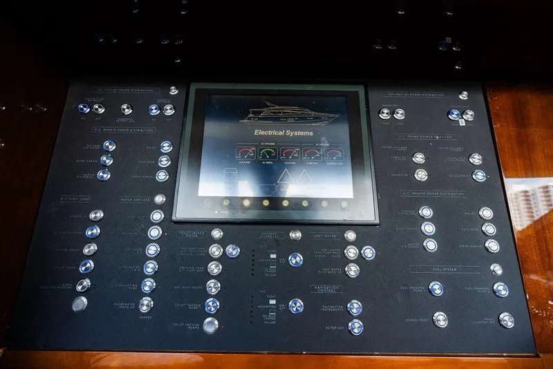 Slide: The Image of Control panel of a 2010 Princess 95 Motor Yacht, featuring electrical systems display. - 70