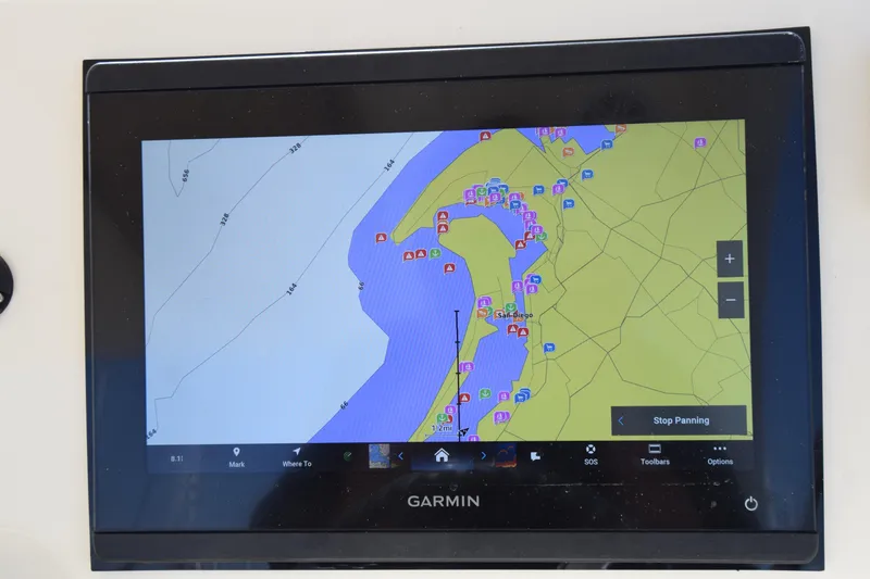 Slide: The Image of Garmin navigation display on 2017 Scout 275 Dorado, showing coastal map and waypoints. - 14