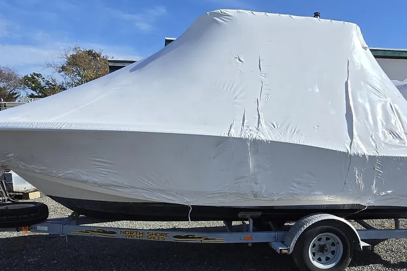 The Image of 2015 Scout 195 Sportfish boat on trailer in driveway, sunny day. - 0