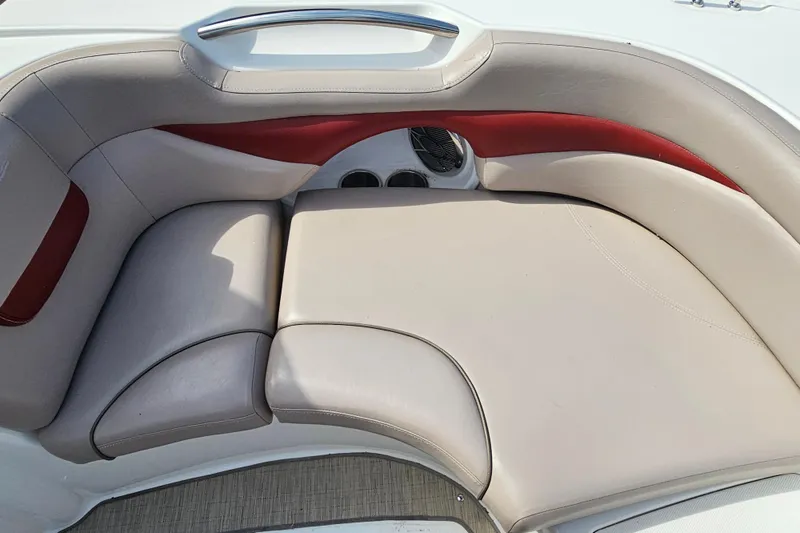 Slide: The Image of 2014 Hurricane SunDeck Sport 203 OB boat interior with beige and red seating. - 16