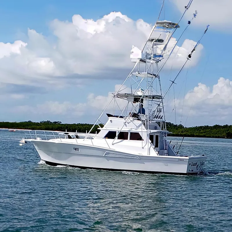 The Image of 1976 Viking 40 Sedan "Usual Suspects" cruising calm waters under a blue Florida sky. - 0