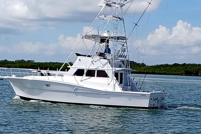 Slide: The Image of 1976 Viking 40 Sedan Diesel yacht cruising on calm waters under a partly cloudy sky. - 27