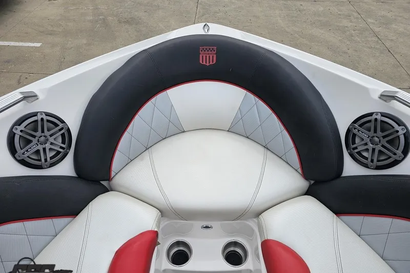 Slide: The Image of Interior of 2013 MasterCraft X-10 boat with JL Audio speakers and cushioned seating. - 81