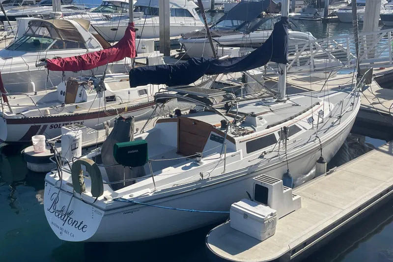 The Image of 1989 Catalina 36 sailboat docked at a marina, featuring a sleek white design. - 0