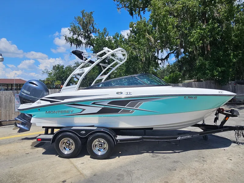 Slide: The Image of 2019 Monterey M-205 boat on trailer, turquoise and white. - 9