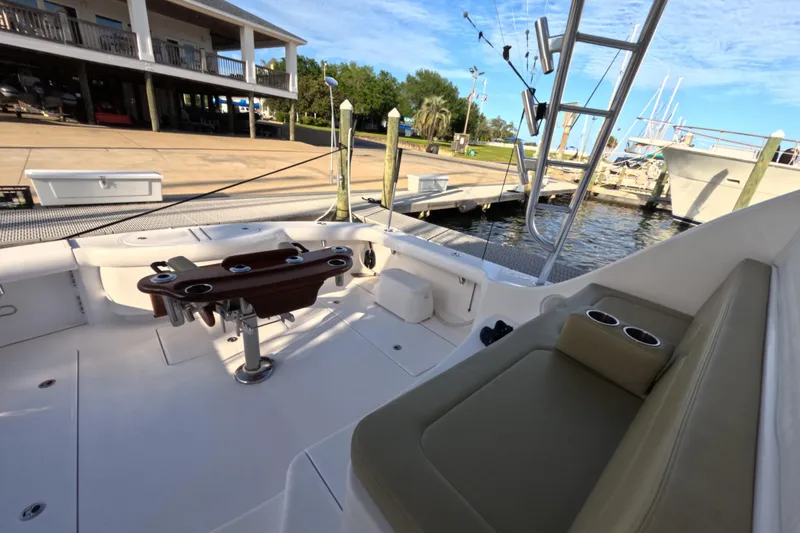 Slide: The Image of Cockpit view of 2020 Mag Bay 42 boat docked at marina. - 24