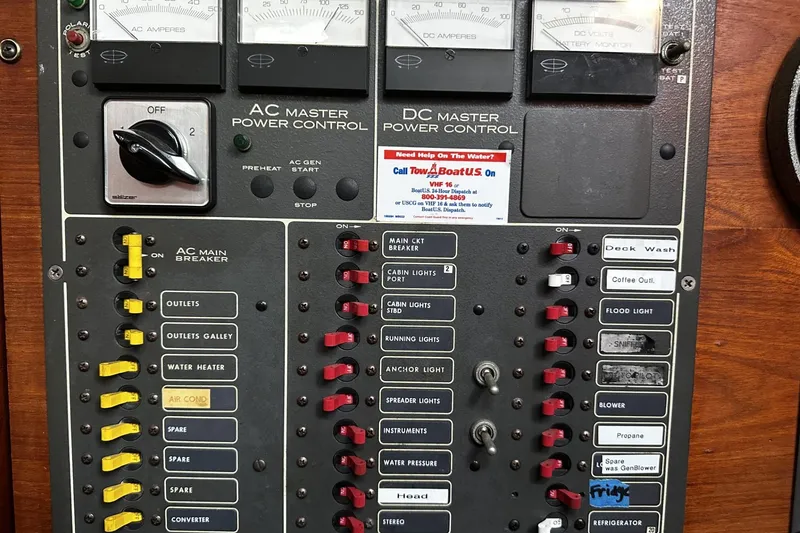 Slide: The Image of Electrical control panel on a 1981 Pearson 424 boat, featuring AC and DC power controls. - 36