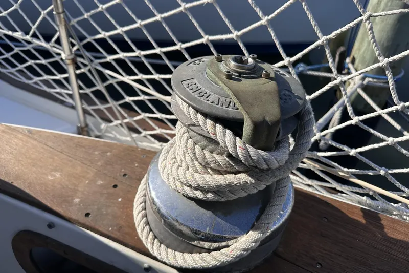 Slide: The Image of Close-up of a winch with rope on a 1981 Pearson 424 sailboat deck. - 44