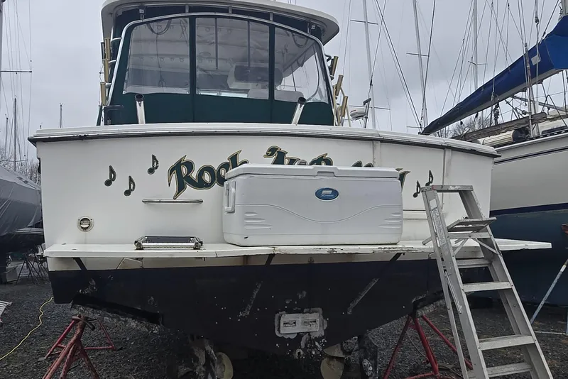 Slide: The Image of 1998 Wellcraft 330 Coastal boat on land, with cooler and ladder at stern. - 24