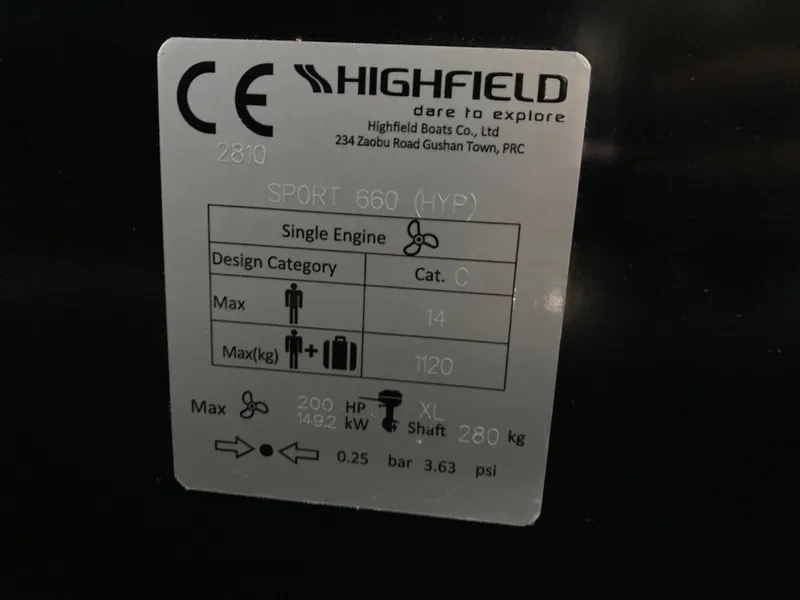 Slide: The Image of Nameplate of Highfield Sport 660 boat, year 2026. - 17