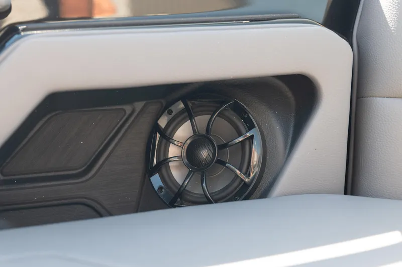 Slide: The Image of 2025 Moomba Max boat speaker detail, showcasing sleek design and modern audio technology. - 13