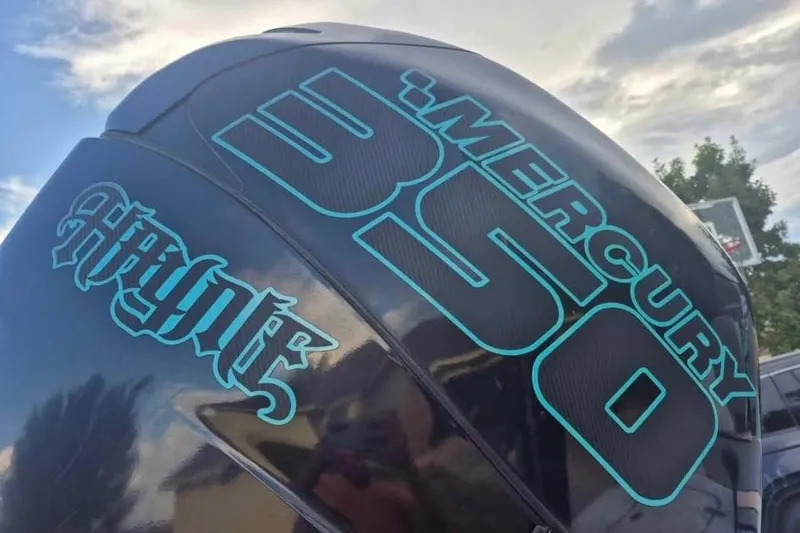 Slide: The Image of 2018 Haynie 25' Magnum with Mercury 350 engine, close-up view. - 4