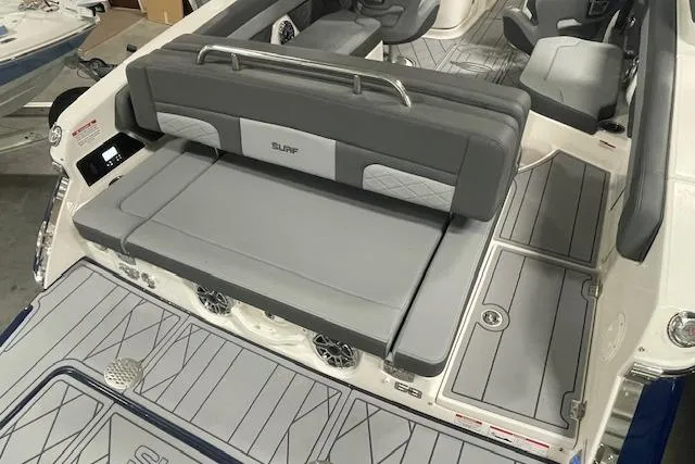 Slide: The Image of 2026 Chaparral SSX 6 boat interior with gray seating and modern design. - 10