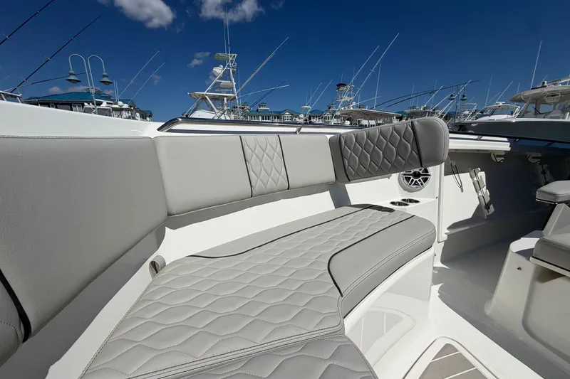 Slide: The Image of Luxurious seating on 2026 Pursuit S 358 Sport boat, featuring elegant quilted upholstery. - 116