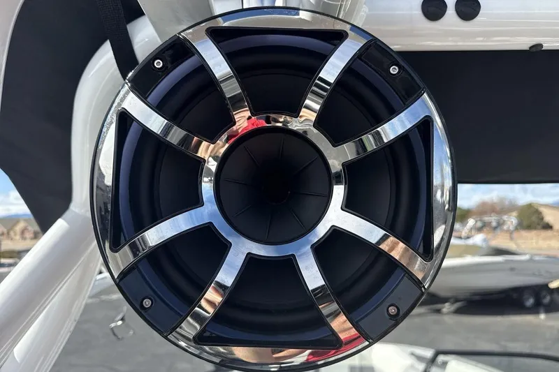 Slide: The Image of Close-up of a sleek speaker on a 2025 Moomba Craz boat. - 21