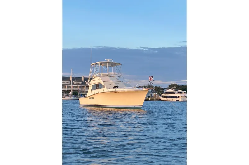 The Image of 1988 Pacemaker 36 Convertible boat anchored on calm water at sunset. - 1