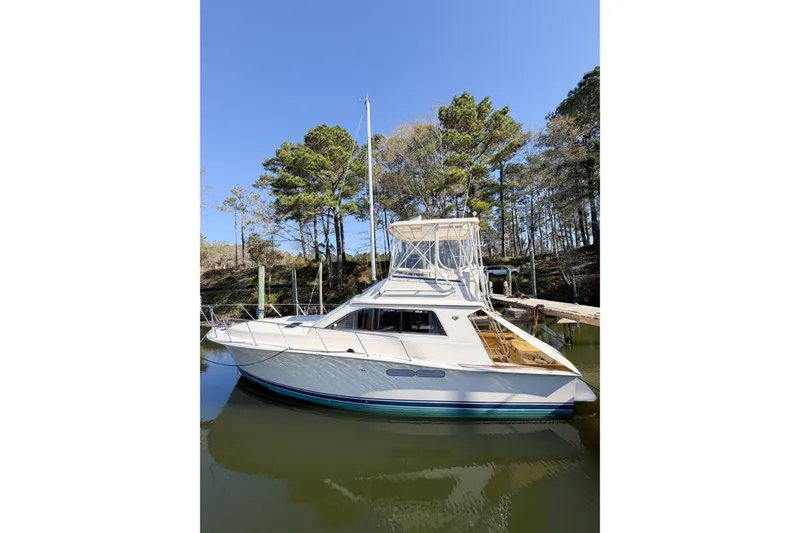 Slide: The Image of 1988 Pacemaker 36 Convertible yacht docked by trees under clear blue sky. - 5