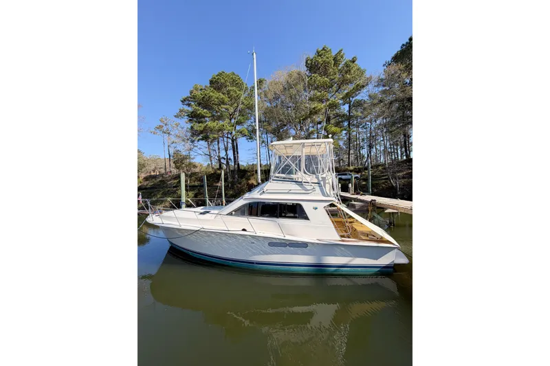 Slide: The Image of 1988 Pacemaker 36 Convertible yacht docked by a wooded shoreline. - 6