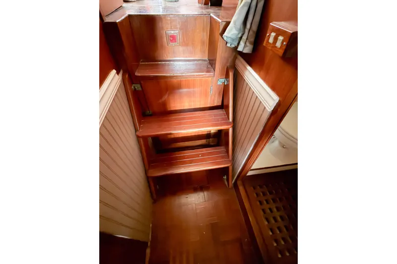 Slide: The Image of Wooden interior stairs on 1989 Jefferson Marquessa 52 Extended Deckhouse yacht. - 92