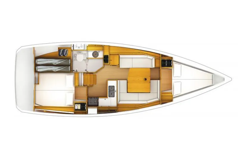 Slide: The Image of Manufacturer Provided Image: 2019 Jeanneau Sun Odyssey 389 interior layout, featuring cabins, kitchen, and seating area. - 4