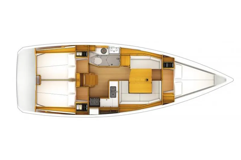 Slide: The Image of Manufacturer Provided Image: 2019 Jeanneau Sun Odyssey 389 interior layout with two cabins, kitchen, and bathroom. - 7