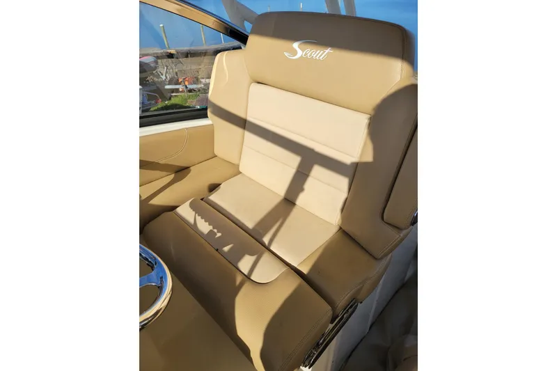 Slide: The Image of Beige leather seat in 2020 Scout 255 Dorado boat, featuring embroidered logo. - 28