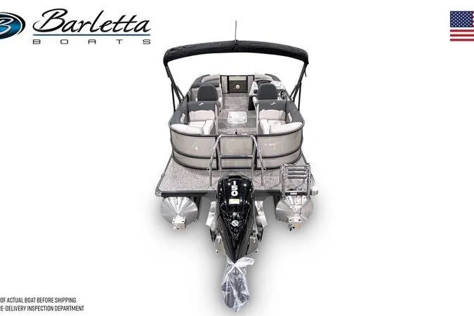 Slide: The Image of 2026 Barletta SANZA 22QC pontoon boat, rear view with motor, sleek design. - 13