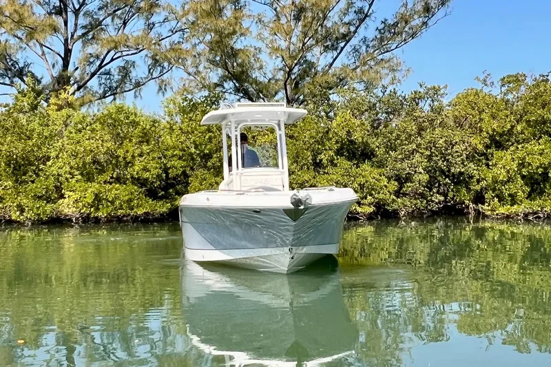 Slide: The Image of 2021 Robalo R242 Explorer boat on calm water, surrounded by lush greenery. - 3