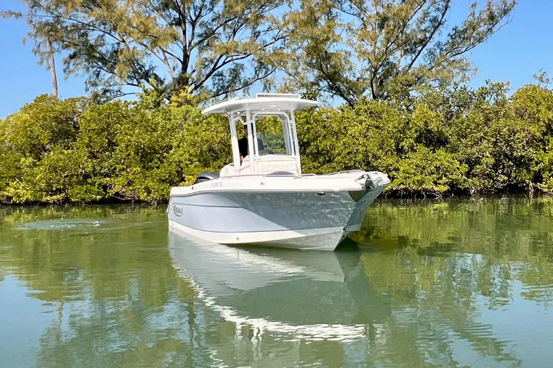 Slide: The Image of 2021 Robalo R242 Explorer boat on calm water, surrounded by lush greenery. - 4