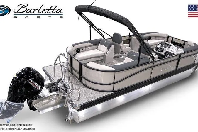 Slide: The Image of 2026 Barletta SANZA 22QC pontoon boat with Mercury engine, featuring sleek design and spacious seating. - 15