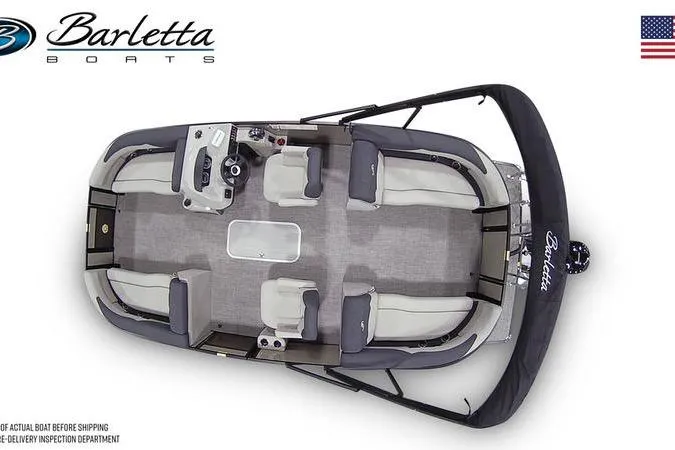 Slide: The Image of 2026 Barletta SANZA 22QC pontoon boat, top view, showcasing spacious seating and modern design. - 2